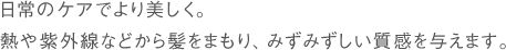 日常のケアでより美しく。熱や紫外線などから髪をまもり、みずみずしい質感を与えます。